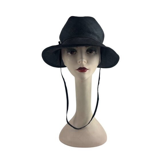 Vintage 60s Straw Sun Hat Womens Black Floppy With Chin Strap main image 11